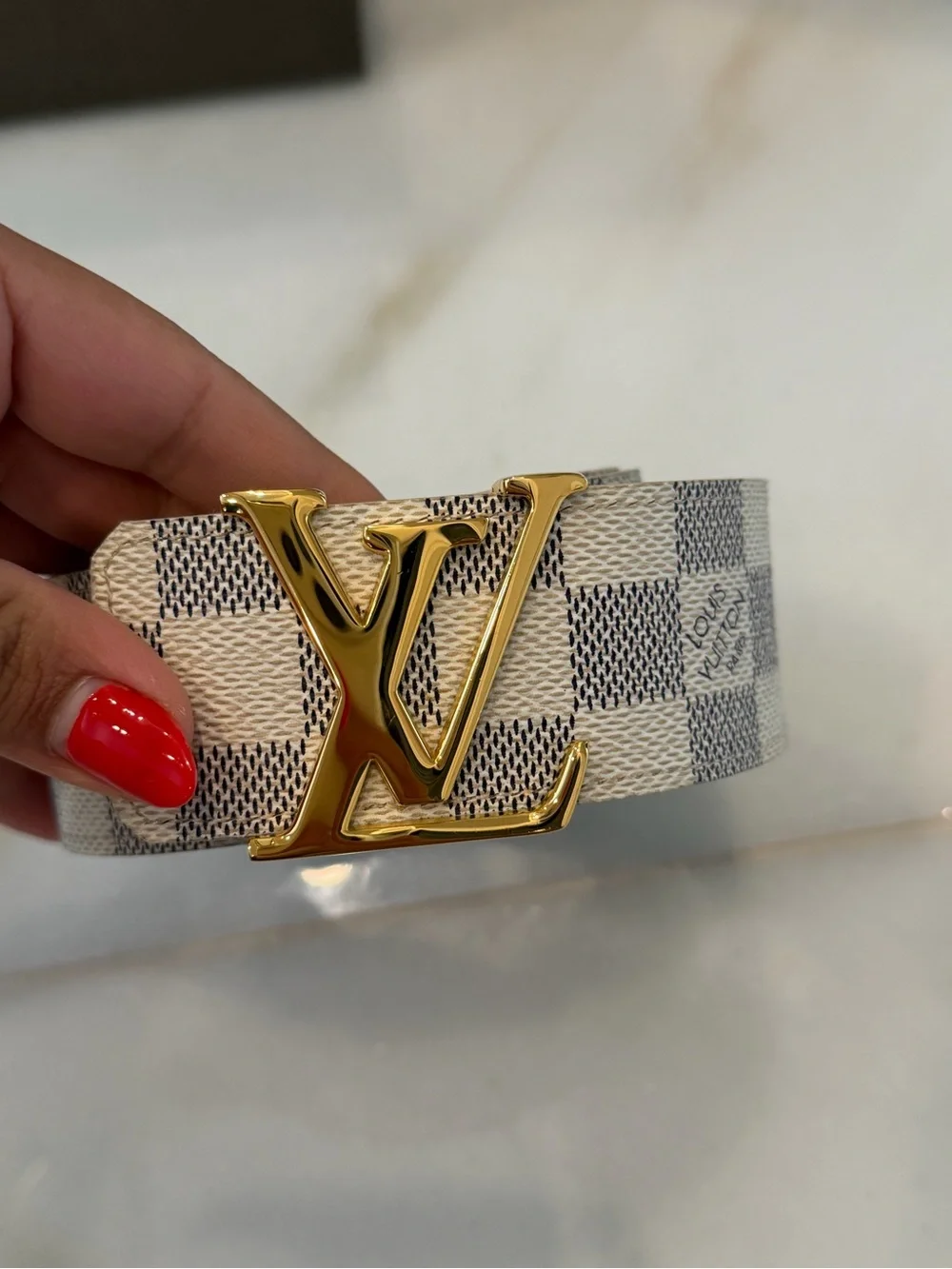 Louis Vuitton Damier Azur Canvas Belt with Gold LV Buckle - White/Gold